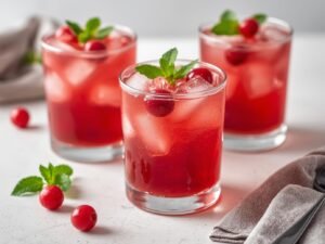 Cranberry Spritzers Sparkling cranberry spritzers in glasses
