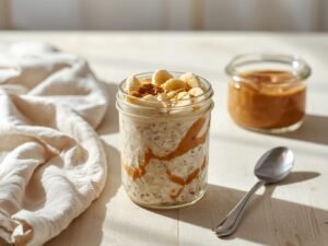 Peanut Butter & Banana Overnight Oats Peanut butter and banana overnight oats in a jar