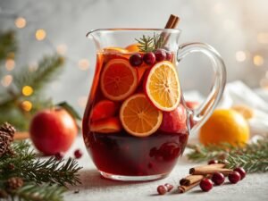 Winter Sangria Winter sangria with citrus and cranberries in a pitcher