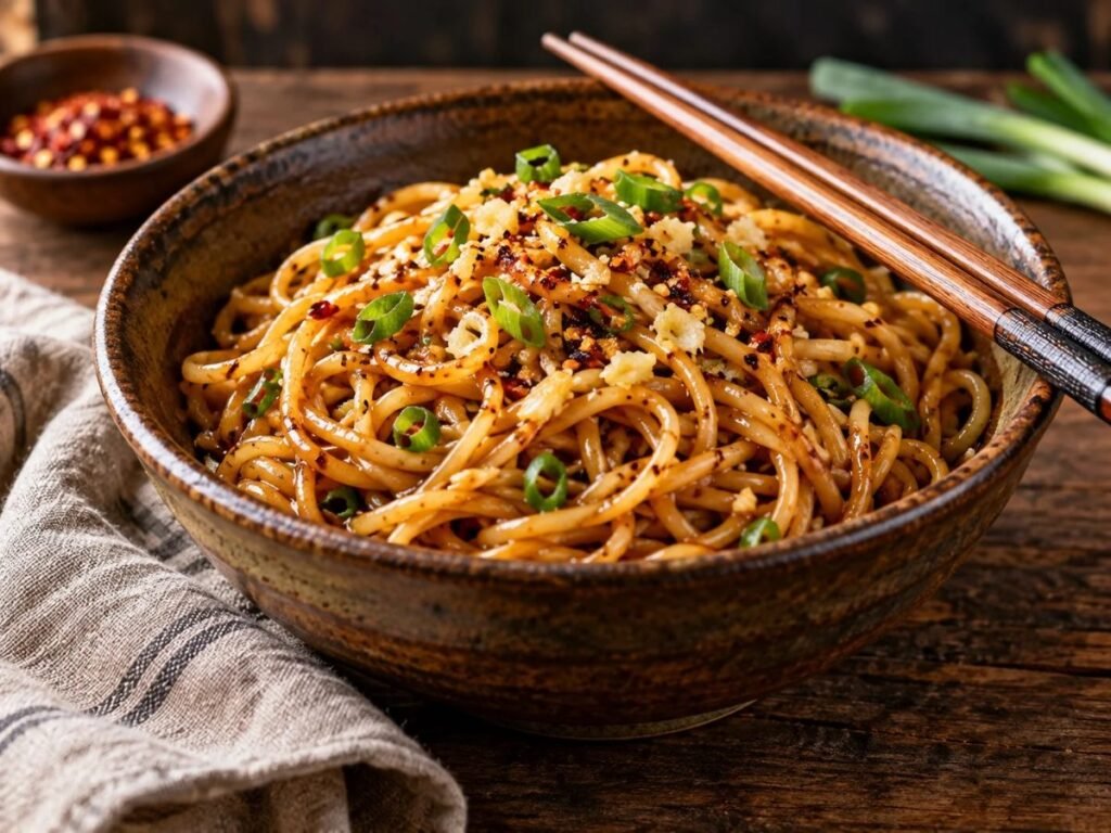 Soy and garlic noodles with green onions and red pepper flakes in a bowl with chopsticks
