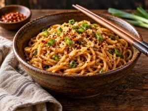 10-Minute Soy & Garlic Noodles Soy and garlic noodles with green onions and red pepper flakes in a bowl with chopsticks