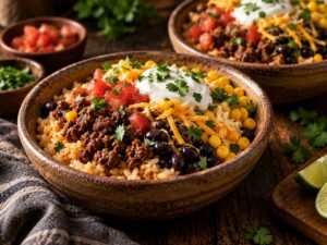 Taco rice bowls with seasoned beef, beans, corn, cheese, and sour cream