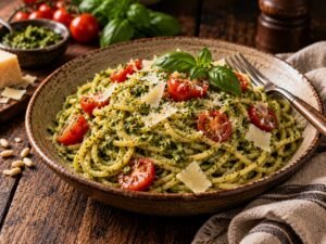Pesto spaghetti with cherry tomatoes and shaved parmesan