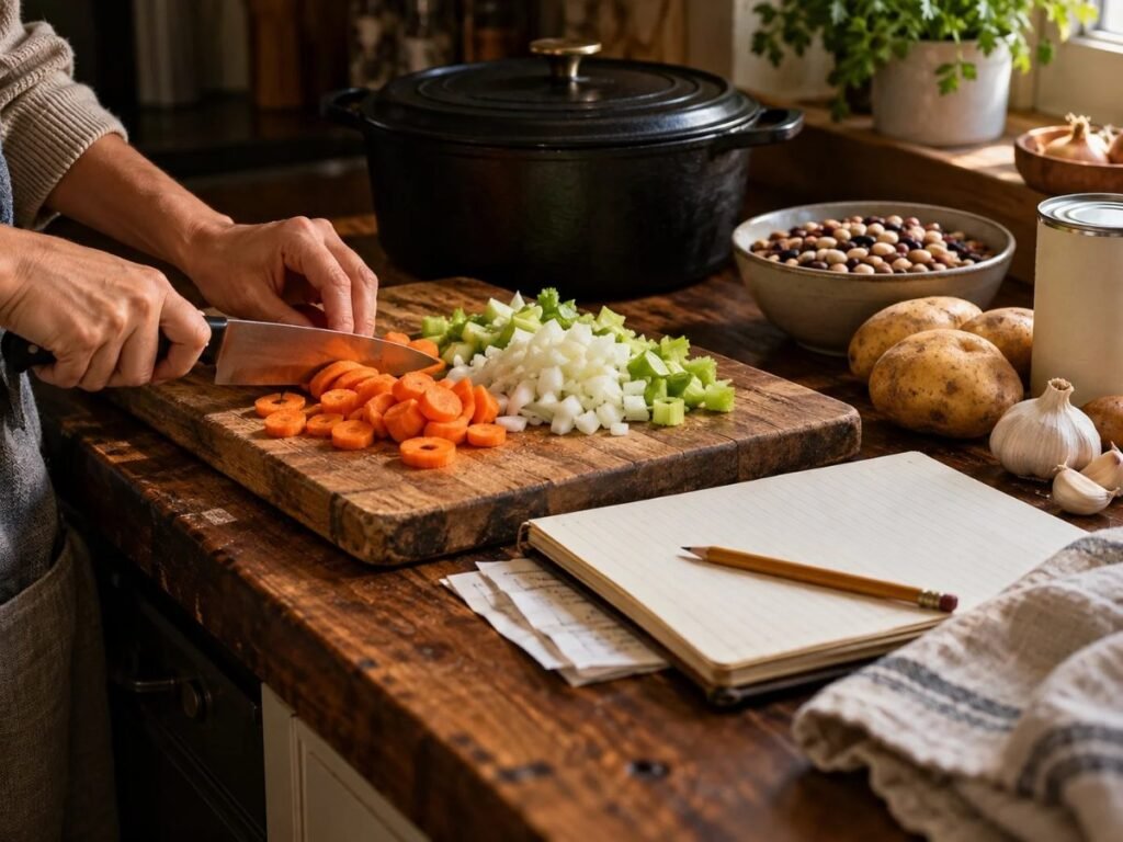 Hands chopping vegetables on a wooden cutting board in a home kitchen