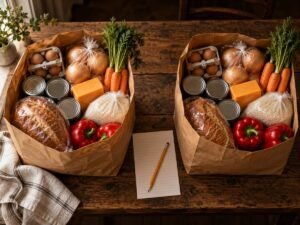 ALDI vs. Walmart: Which Is Cheaper? We Priced 142 Recipes ALDI vs Walmart grocery comparison with two paper bags of the same groceries and a shopping list