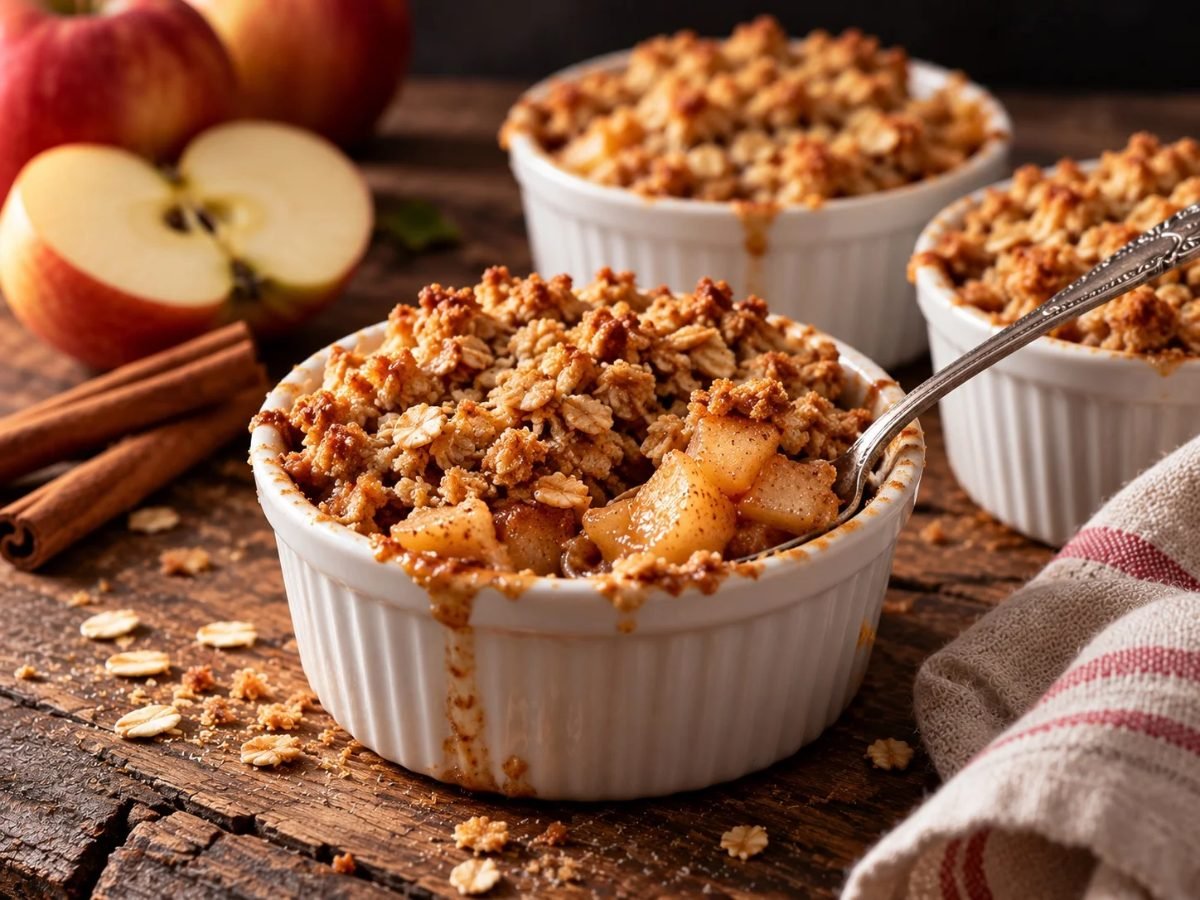 Apple cinnamon breakfast crumble cups with oat topping baked in white ramekins