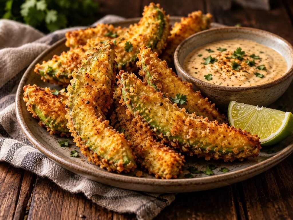Crispy baked avocado fries with a dipping sauce