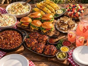 Backyard BBQ spread with cheeseburgers, BBQ chicken, potato salad, coleslaw, baked beans and corn on the cob