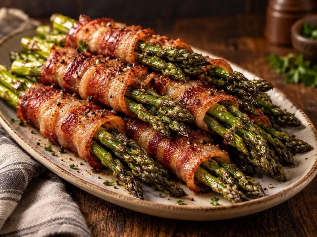 Bacon-wrapped asparagus bundles on a plate