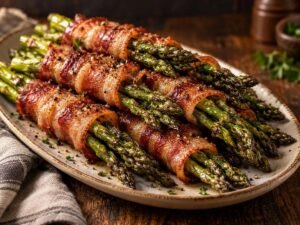 Bacon-wrapped asparagus bundles on a plate