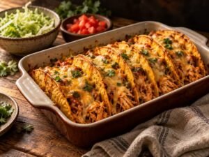 Crispy baked chicken tacos lined up in a baking dish