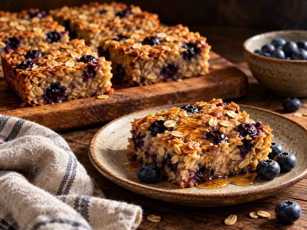 Blueberry baked oatmeal squares on a cutting board with maple syrup
