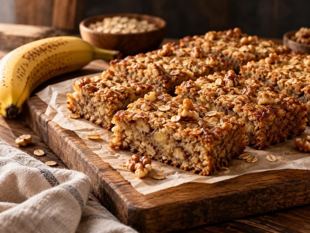 Banana bread breakfast bars with oats and walnuts