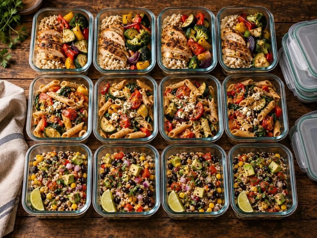 Batch cooking meal prep containers filled with rice, chicken and vegetables