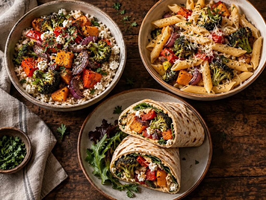 Batch cook roasted vegetables three ways: in a grain bowl, a wrap and pasta
