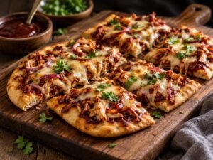BBQ chicken flatbread pizzas with melted mozzarella and cilantro