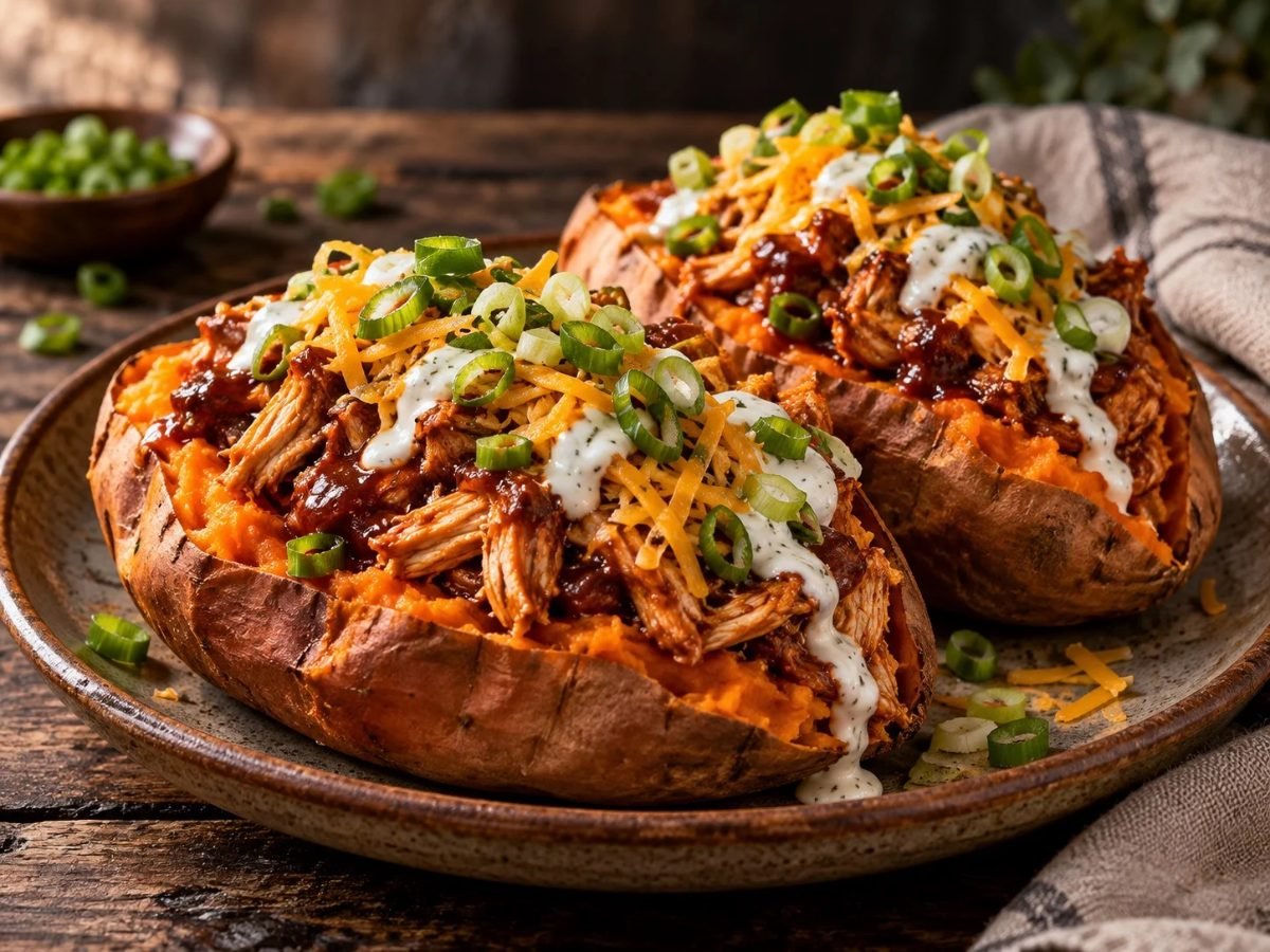 BBQ chicken stuffed sweet potatoes with green onions