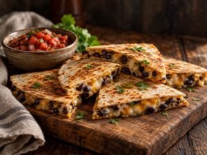 Bean & Cheese Quesadillas Bean and cheese quesadillas cut into wedges