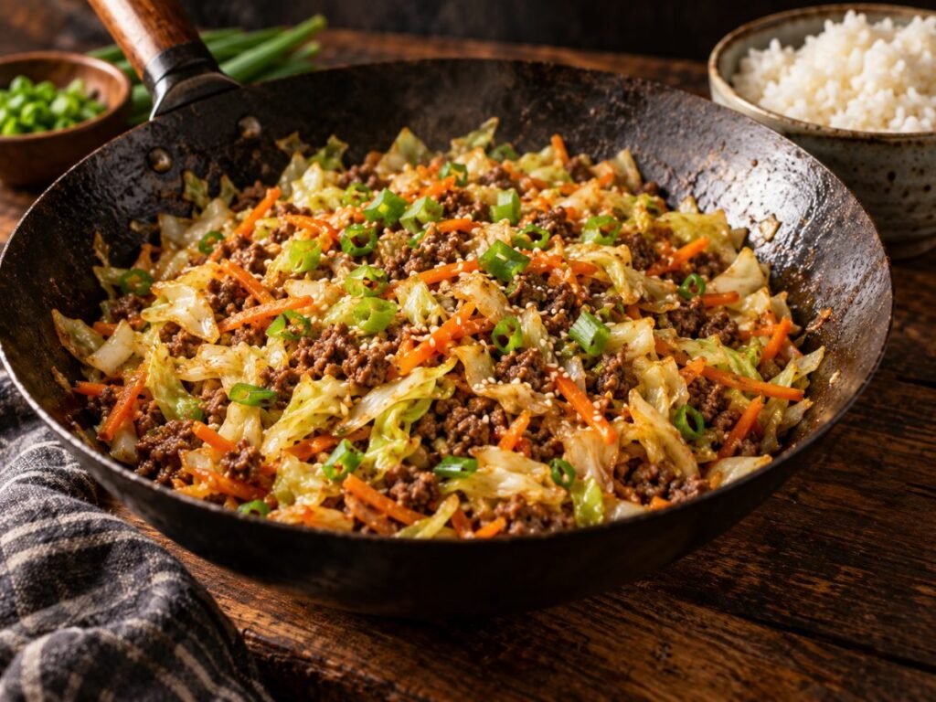 Ground beef and cabbage stir-fry with carrots and green onions