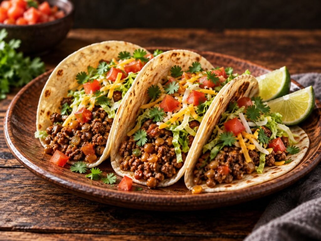 Beef and lentil tacos topped with lettuce, tomatoes, cheese, and cilantro