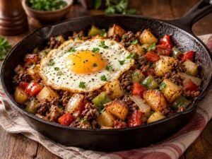 Savory Beef & Potato Hash Ground beef and potato hash with peppers topped with a fried egg