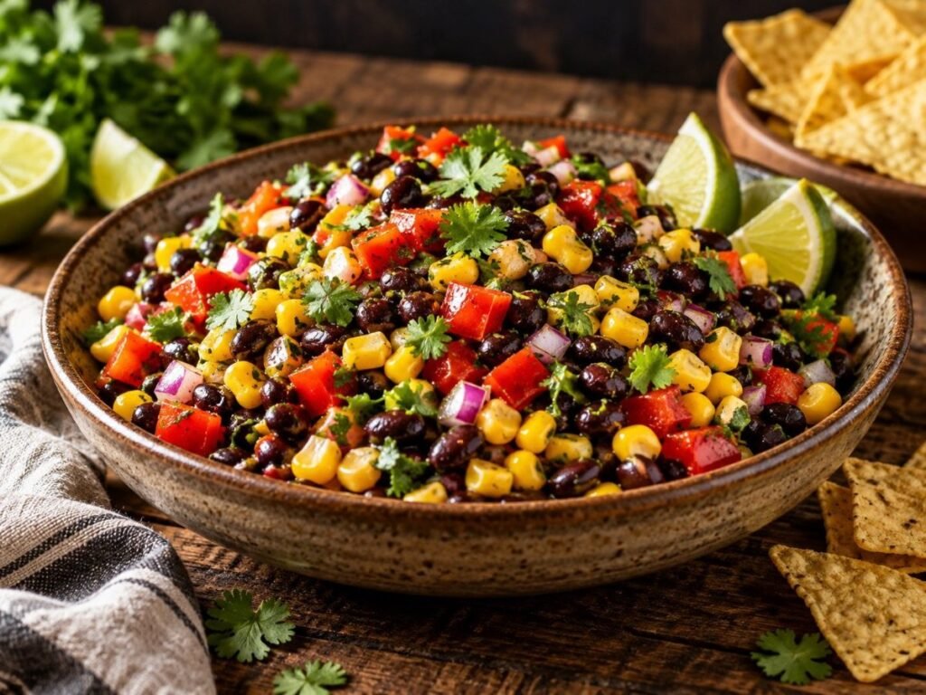 Black bean and corn salad with red bell pepper, red onion and cilantro, with lime wedges
