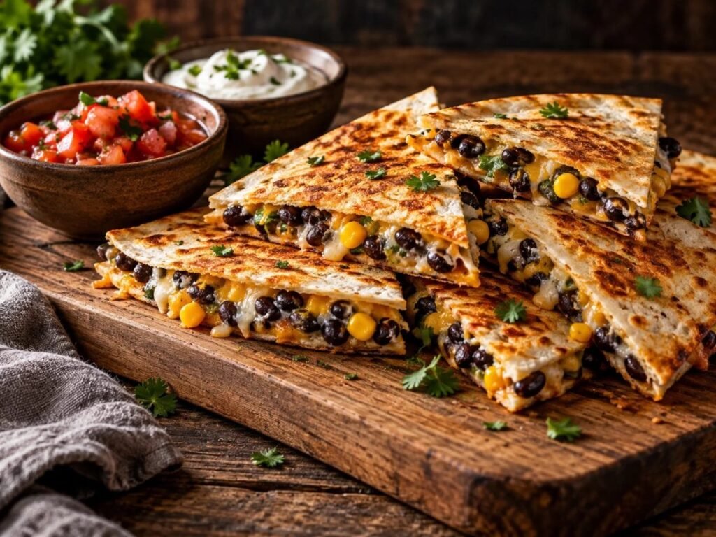 Crispy black bean and corn quesadillas cut into wedges