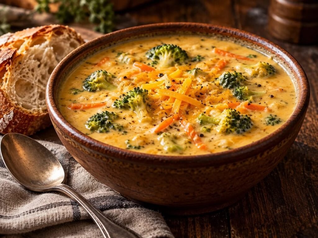 Bowl of creamy broccoli cheddar soup with shredded carrots and a slice of crusty bread