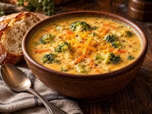 Bowl of creamy broccoli cheddar soup with shredded carrots and a slice of crusty bread