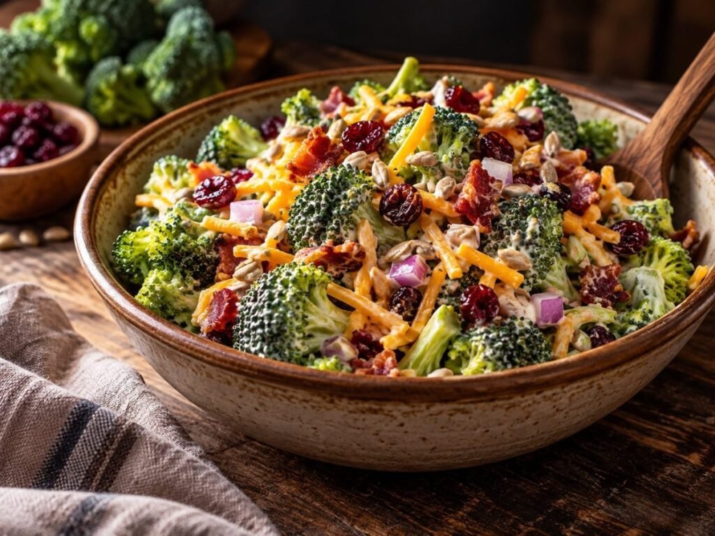 Creamy broccoli crunch salad with bacon, cheddar, red onion, sunflower seeds and dried cranberries