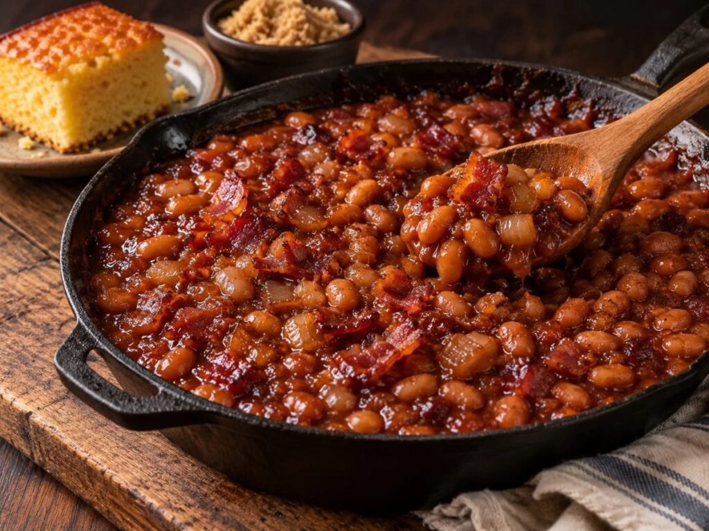 Brown sugar baked beans with bacon in a cast iron skillet
