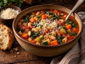 Budget Minestrone Soup Bowl of minestrone soup with vegetables, white beans and small pasta topped with Parmesan