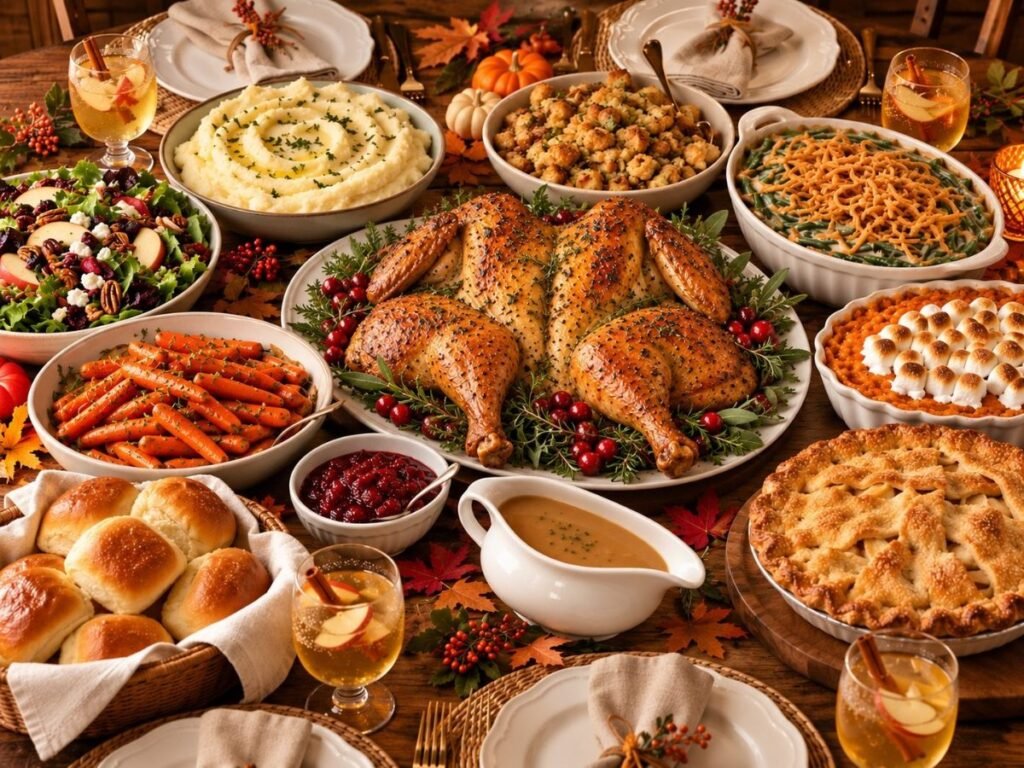 Budget Thanksgiving dinner with turkey, mashed potatoes, stuffing, casseroles and apple pie