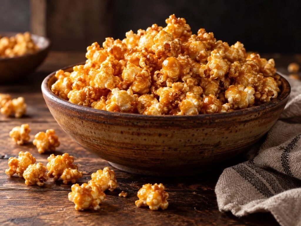 Crunchy oven-baked caramel popcorn in a bowl