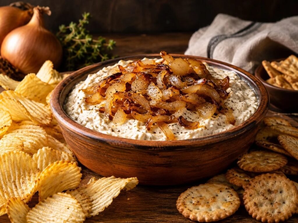 Caramelized onion dip in a bowl with crackers