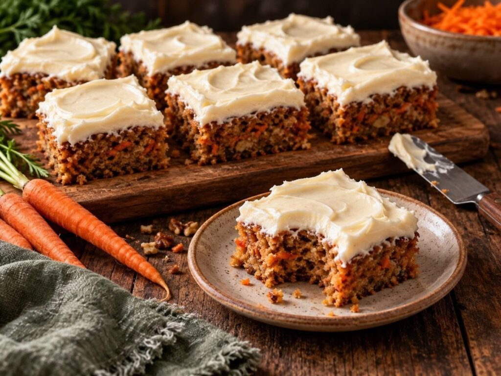 Carrot cake bars with cream cheese frosting cut into squares