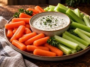 Baby carrots and celery sticks around a bowl of ranch dip