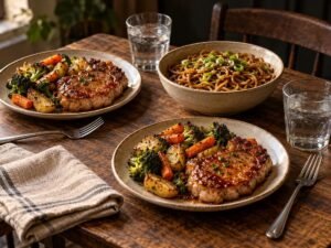 10 Cheap Meals for Two (With Real Prices) Dinner for two with honey-glazed pork chops, roasted vegetables and a bowl of garlic soy noodles