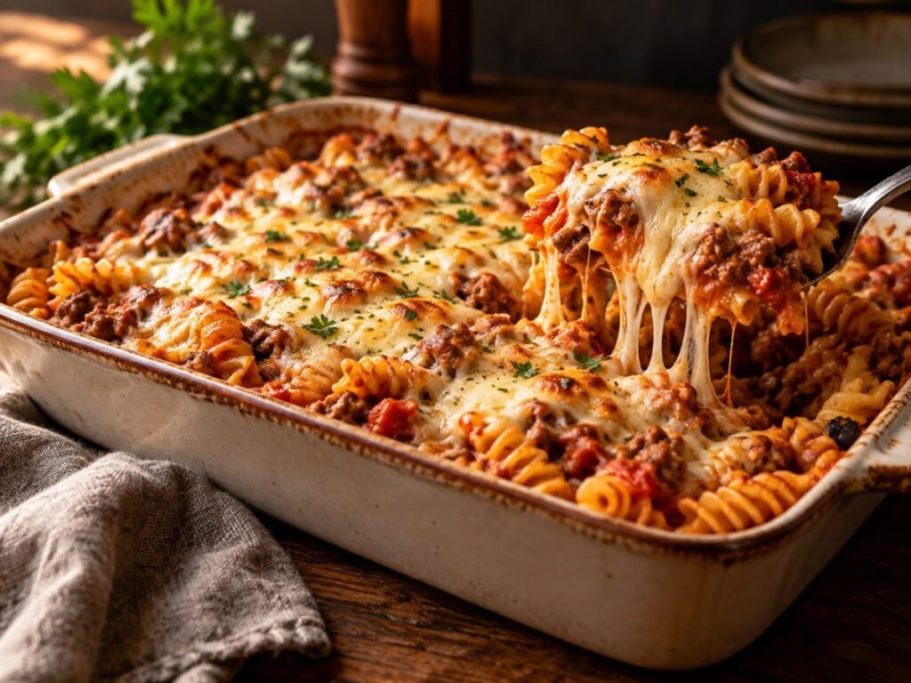 Cheesy ground beef and rotini pasta bake in a baking dish