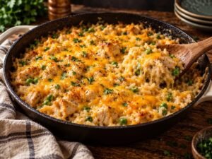 Cheesy chicken and rice skillet with melted cheddar