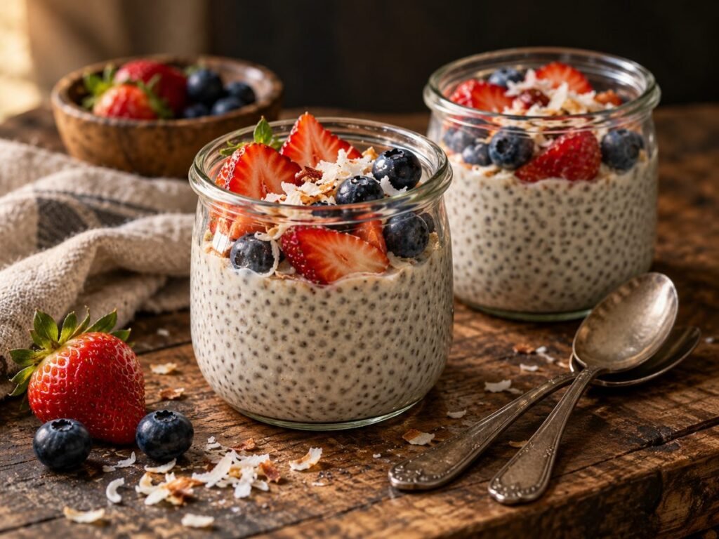 Vanilla chia pudding in jars topped with berries and coconut