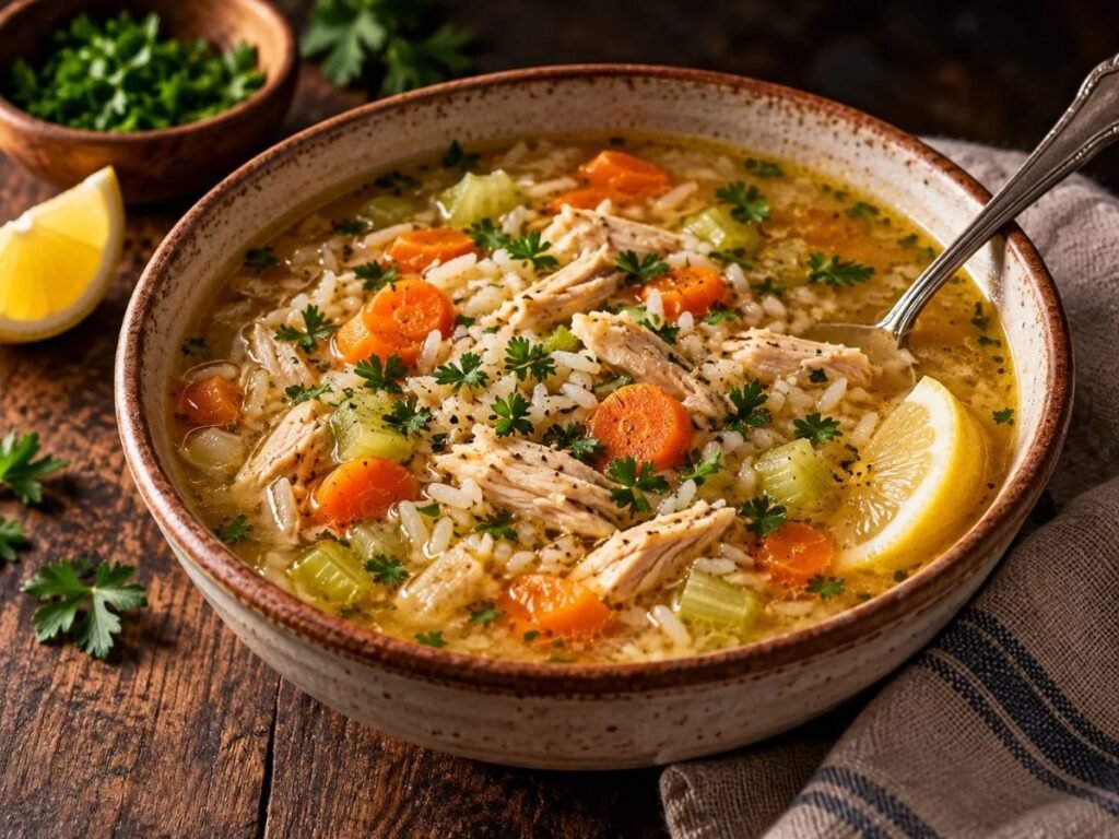 Bowl of chicken and rice soup with carrots, celery and parsley