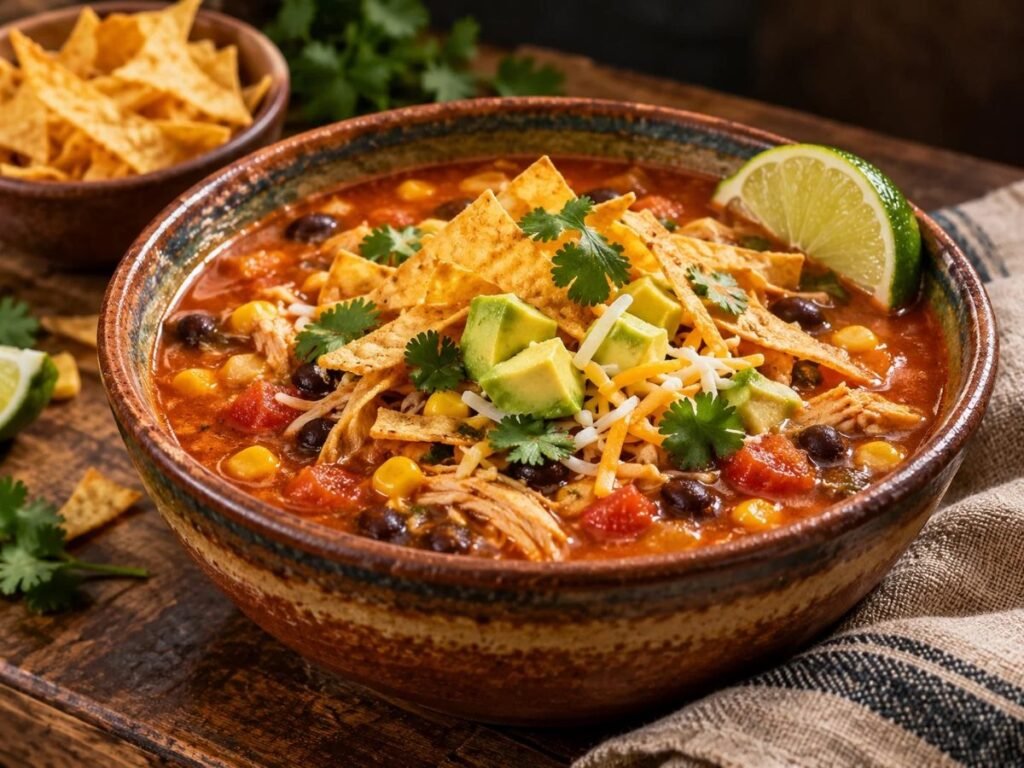 Bowl of chicken tortilla soup topped with tortilla strips, avocado, cheese and cilantro