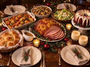 Christmas Dinner for Four (or Less): A Cozy, Scaled-Down Feast Christmas dinner for four with glazed ham, roasted potatoes and carrots, stuffing, rolls and red velvet bundt cake