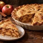Classic double-crust apple pie with a slice removed to show the cinnamon apple filling