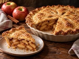 Classic Apple Pie Classic double-crust apple pie with a slice removed to show the cinnamon apple filling