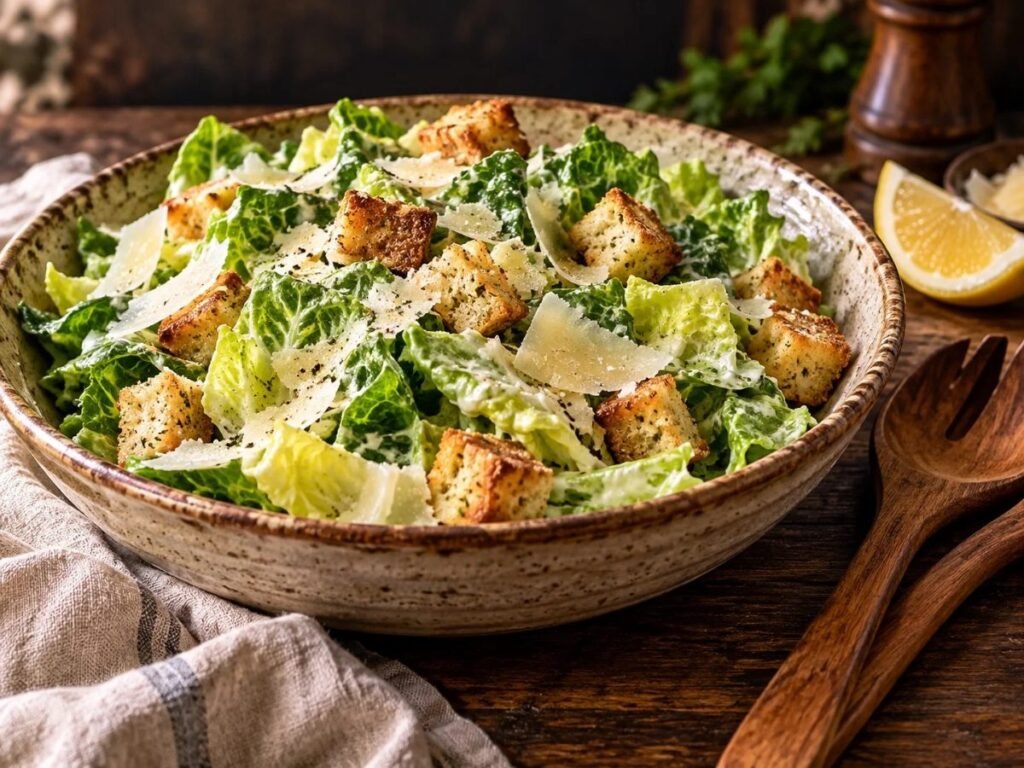 Caesar salad with romaine, croutons and shaved Parmesan in a bowl