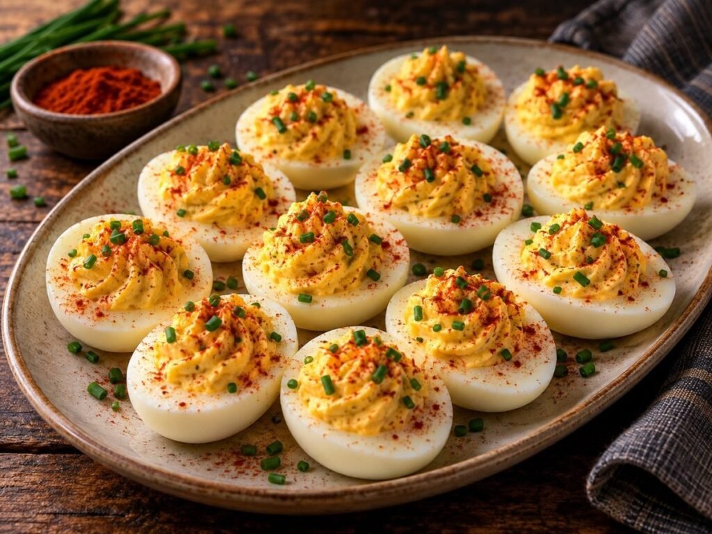 Classic deviled eggs sprinkled with paprika and chives on a platter