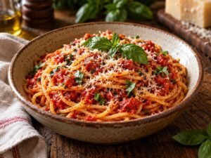 Spaghetti with homemade marinara sauce and fresh basil