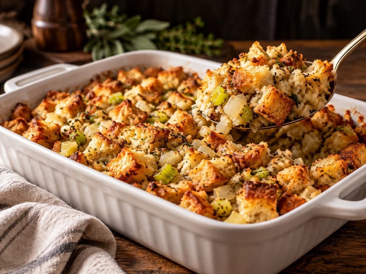 Classic stuffing with celery and herbs in a white baking dish